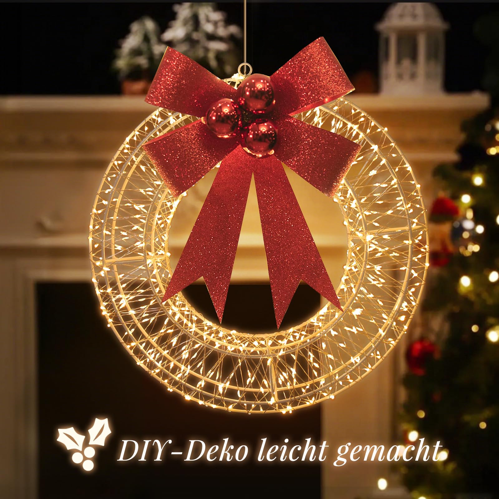 SALCAR Ø45cm LED Lichtkranz, Weihnachtsdeko Fenster Lichterkranz mit Stecker, 8 Modi, Timer und Memory, Hängekranz Drahtkranz Wandkranz Lichterkreis für Innen und Außen, Warmweiß