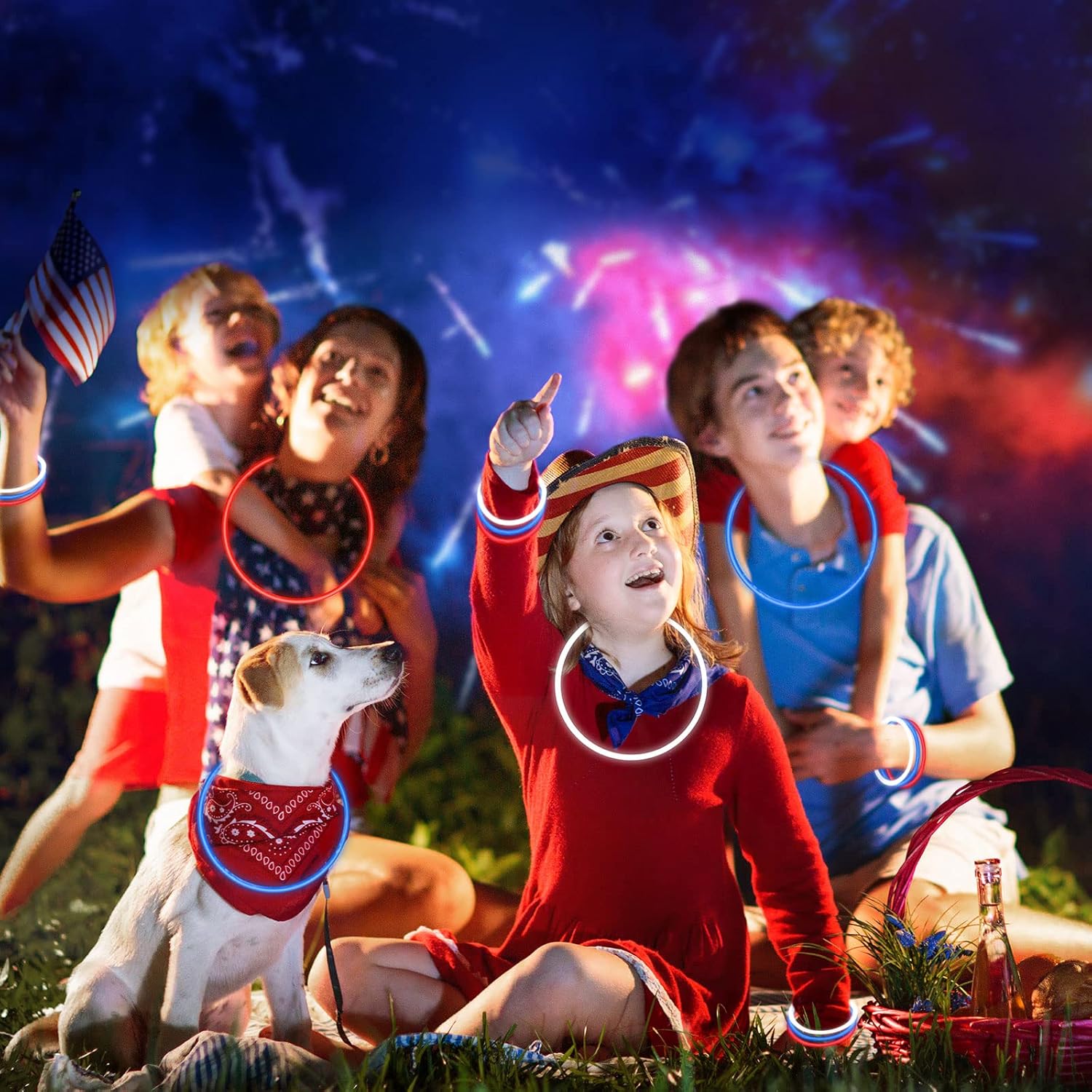 Sotiff 120 Bulk 4th of July Glow Stick 22 Inches Red White Blue Glow in the Dark Necklace Stick Bracelets with Connectors Accessories