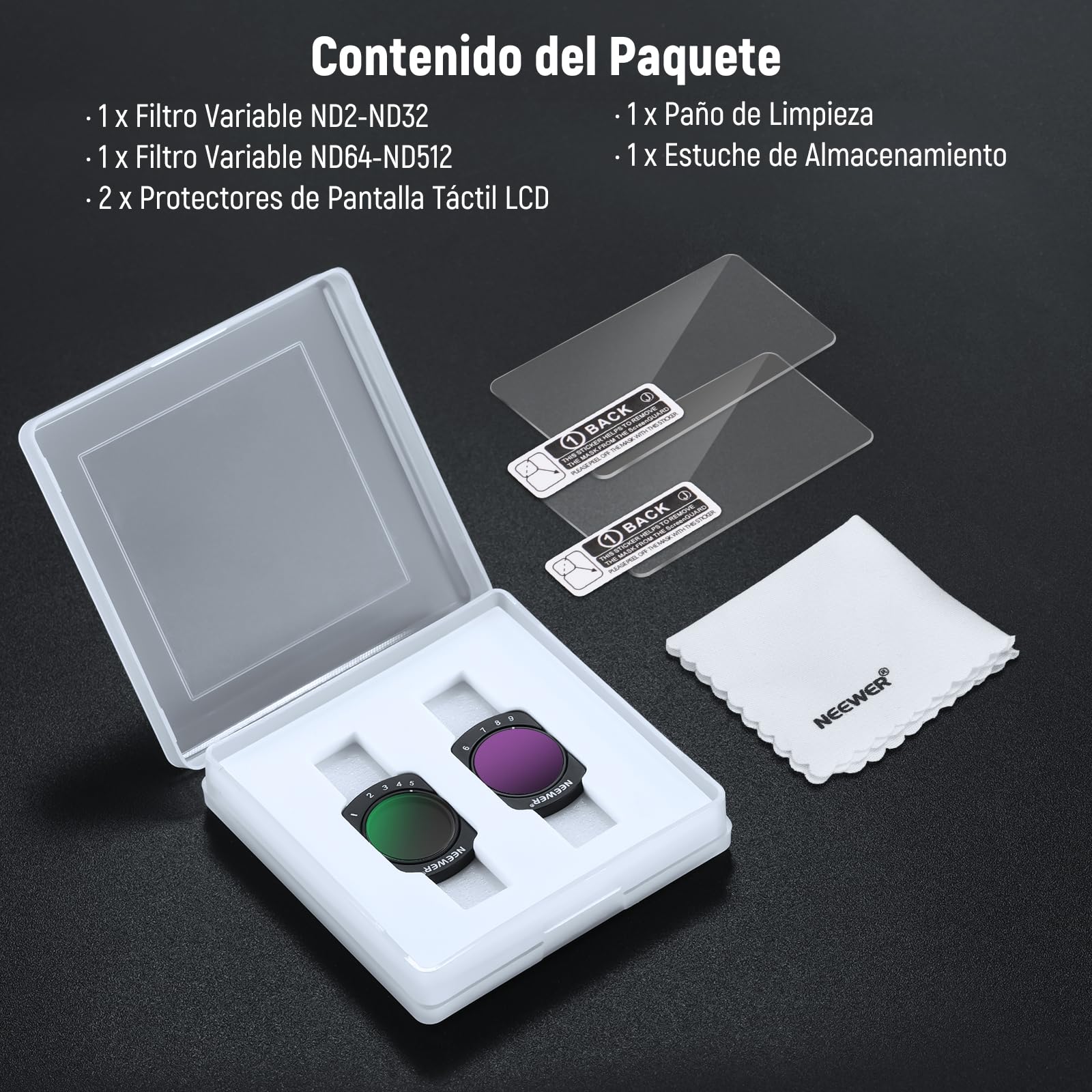 NEEWER Kit Variable ND2-ND32 y ND64-ND512 Compatible con DJI Osmo Pocket 3 / Pocket 4 / Xtra Muse, Filtros Densidad Neutra Paradas Limitadas, 2 Pantalla Protectores, Acción Accesorio Cámara