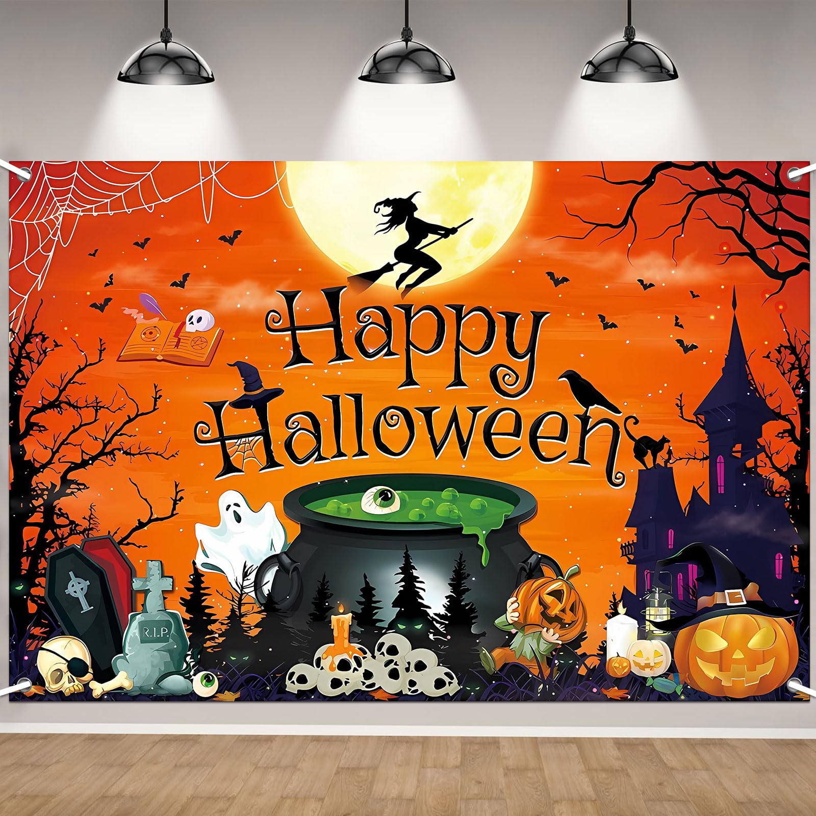 Happy Halloween Skull Party Banner for Halloween Decoration,Ghost Castle Pumpkin Lantern Photography Background Night Castle Back Horror Moon Cemetery Outdoor Party Bunting Booth Props