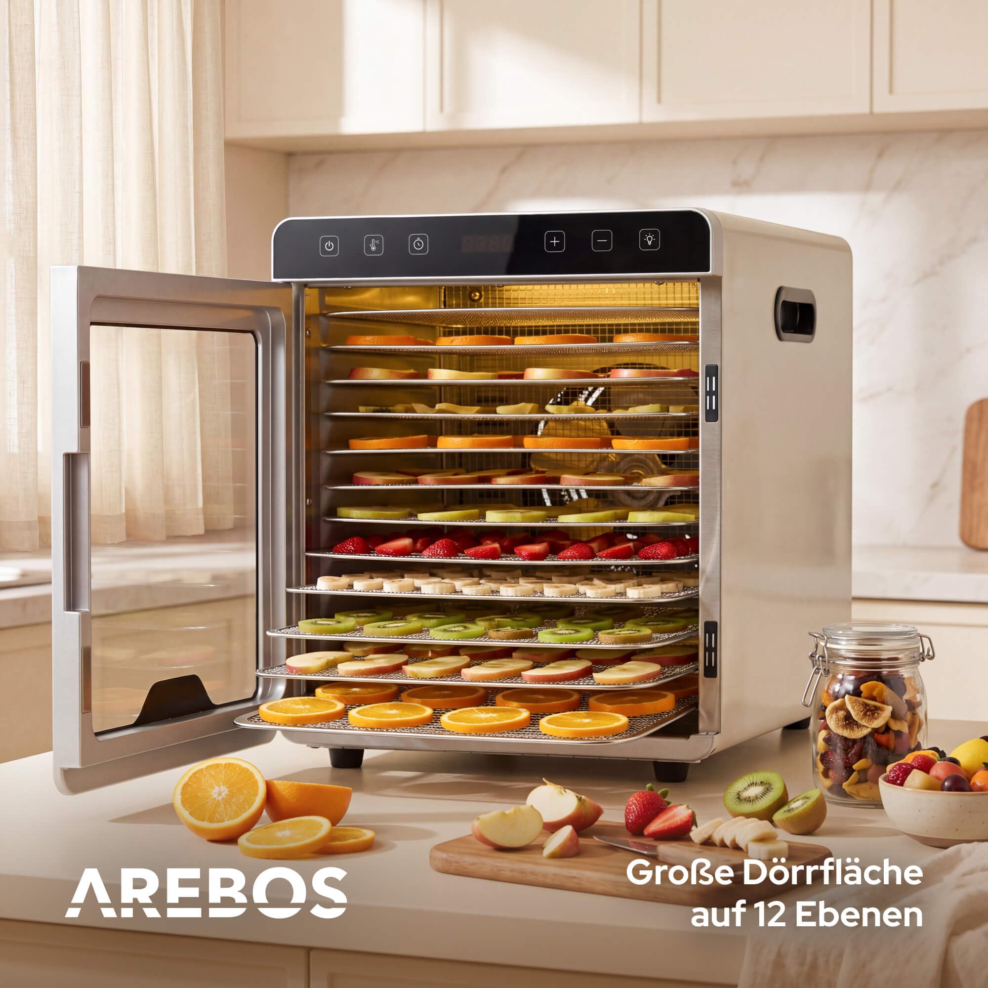 Arebos Dörrautomat Edelstahl 800W | Dehydrator mit 12 Gittern & 29L | Dörrgerät für Obst, Gemüse, Kräuter, Pilze, Fleisch & Fruchtleder | LED-Innenbeleuchtung | Touchdisplay | 30-85°C | 24h Timer