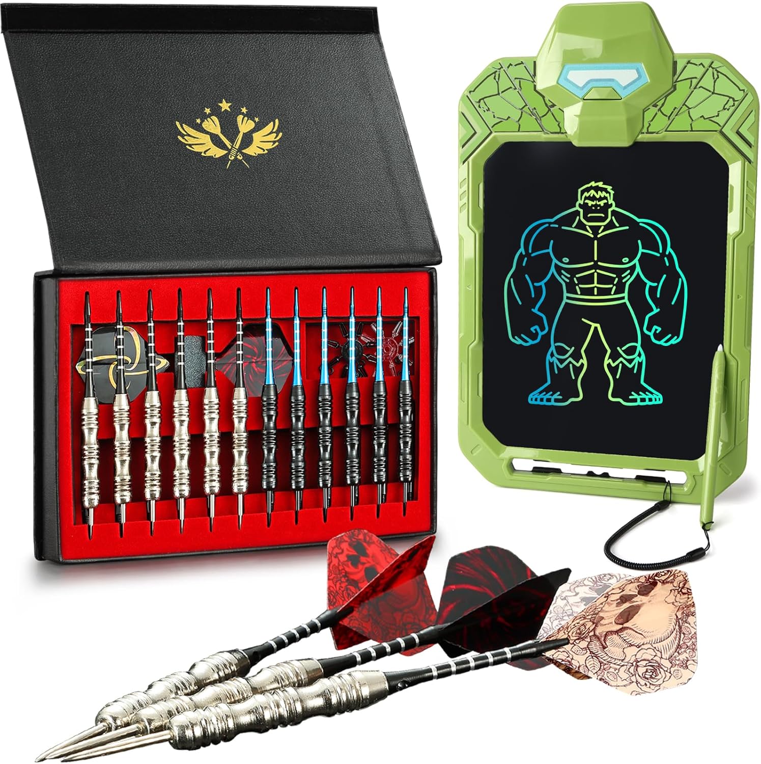 Darts 12 Pack Set Steel Tips & LCD Writing Tablet for Kids 10 Inch Green Hero Drawing Board with Lanyard Doodle Board Travel Toy Birthday Gift with Dart Shafts + Flights + Darts Sharpener + Gift Box