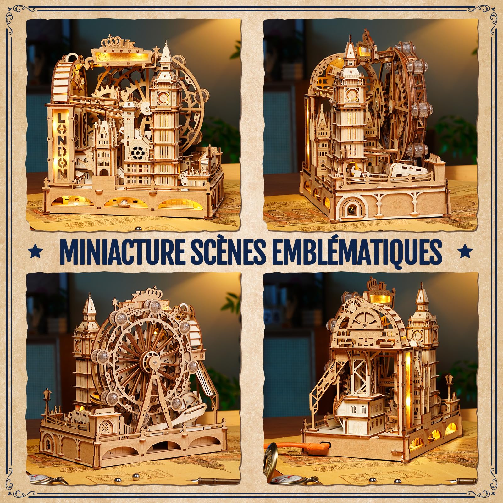 ROKR Marble Travel London – Puzzle Circuit à Billes 3D en Bois, Kit STEM pour Adolescents & Adultes, Maquette Interactive des Monuments de Londres avec Affichage Lumineux