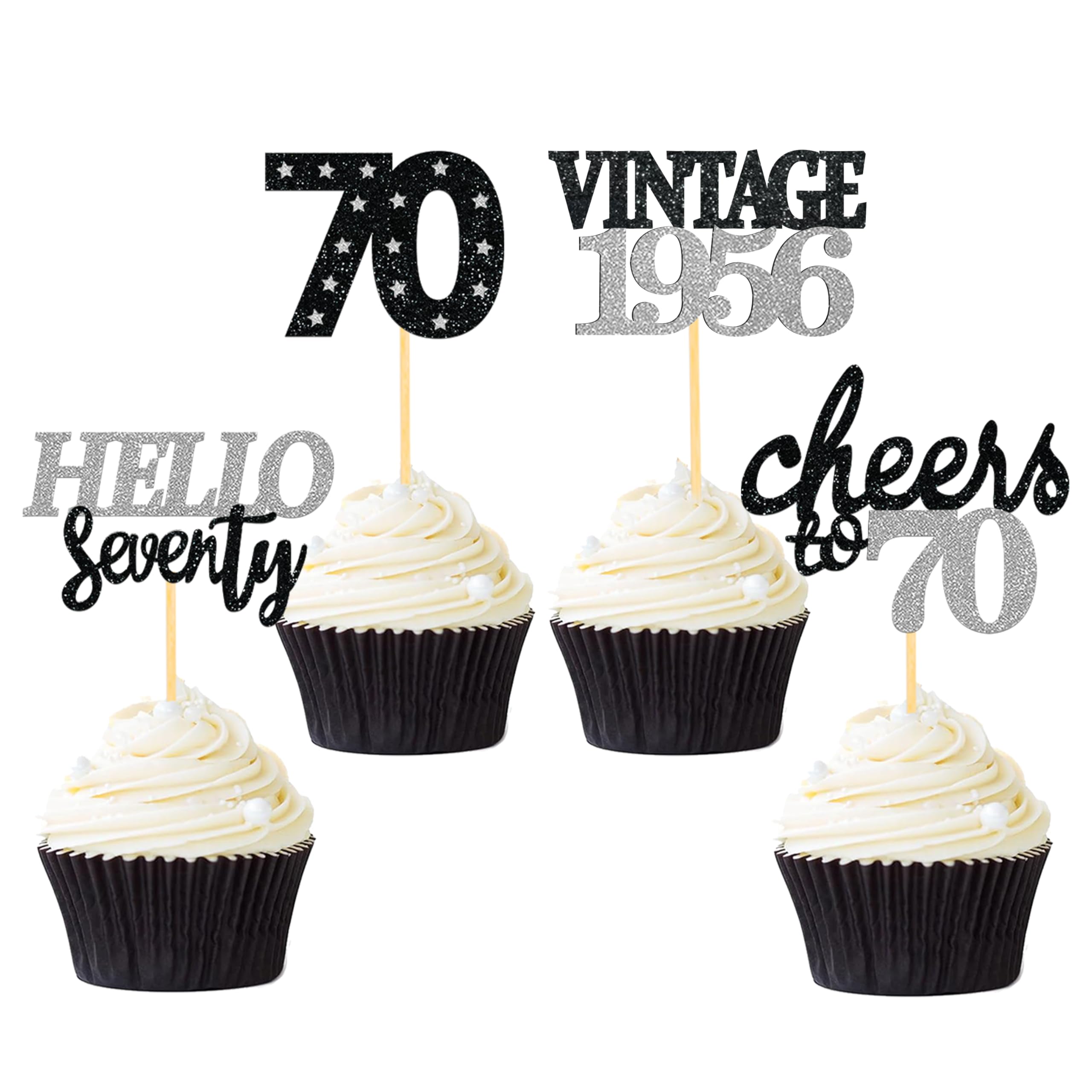 24 Pcs Glitter 70th Birthday Cupcake Toppers for Celebrating 70th Birthday Party Decorations for Seventy Years Old Birthday Party Supplies (Black&