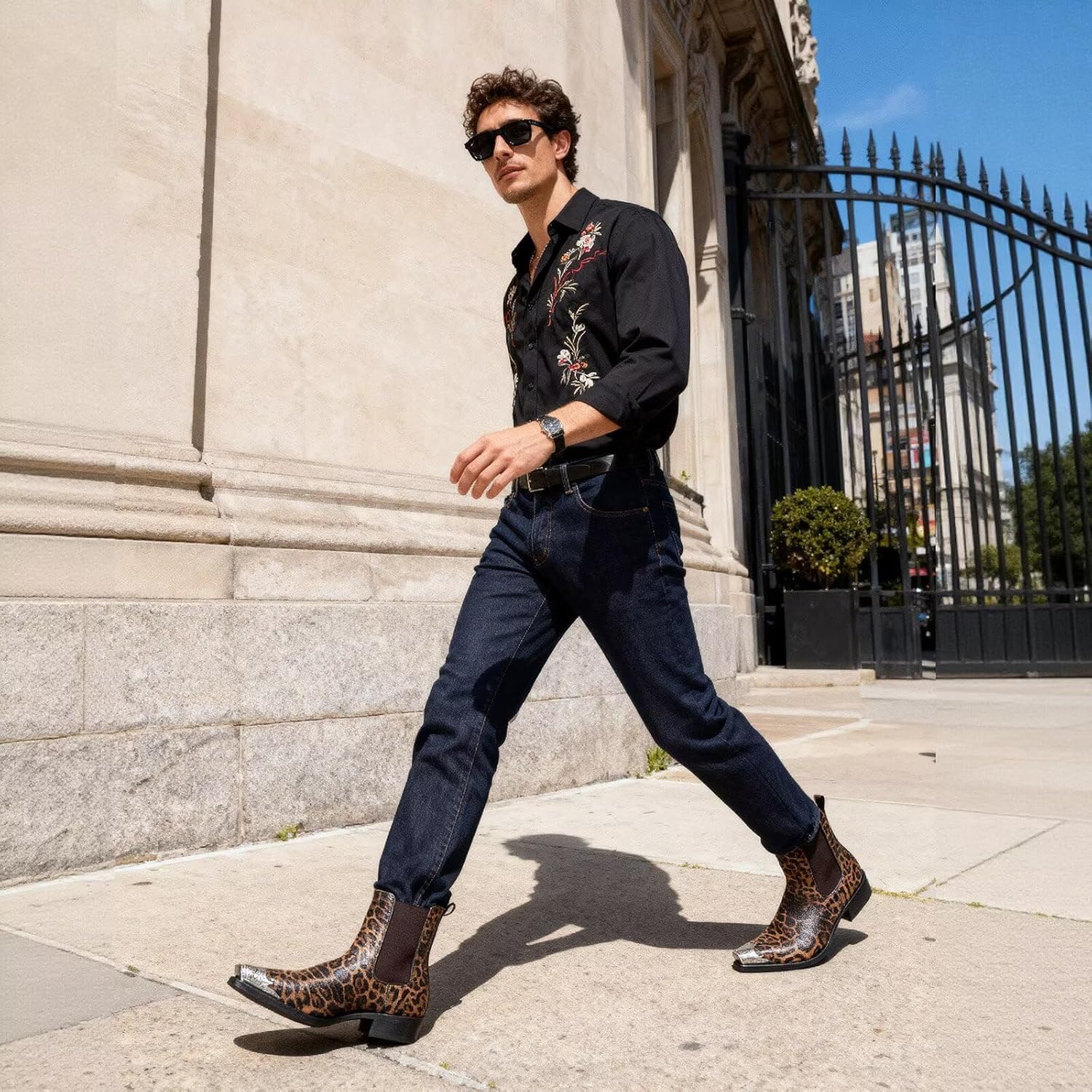 Men's Chelsea Boots with Floral Jacquard Fabric and Silver Toe Cap Slip On Dress Boots for Stage, Party, Fashion, Casual, Stylish Shoes - Image 2