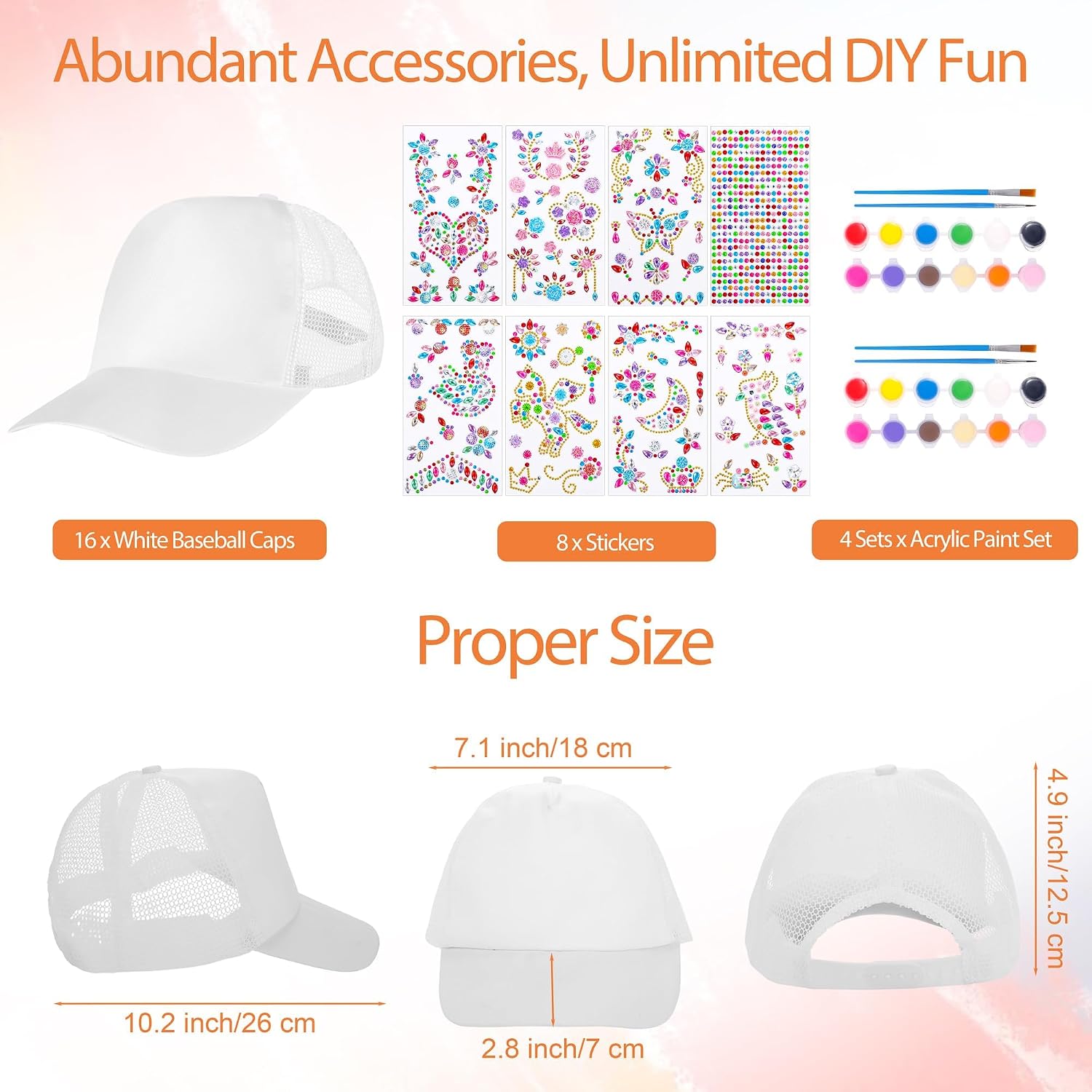 Aneco 32 Packs DIY Baseball Caps Hats, Adjustable Sport Ball Caps, White Creative Painting Baseball Cap with Acrylic Paint Strips and Brushes, Stickers for Outdoor Sports, Camp, Summer, Birthday