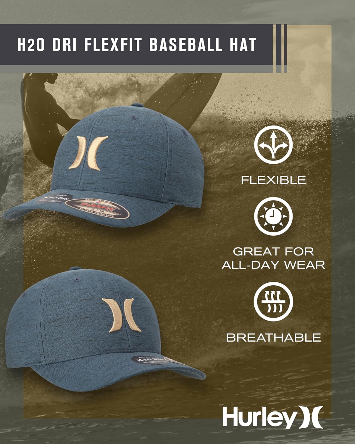 Hurley Mens Baseball Cap - Moisture Wicking Curved Brim Flexfit Fitted Hats for Men with H2O-Dri Sweatband (Sizes: S-XL) - Image 2