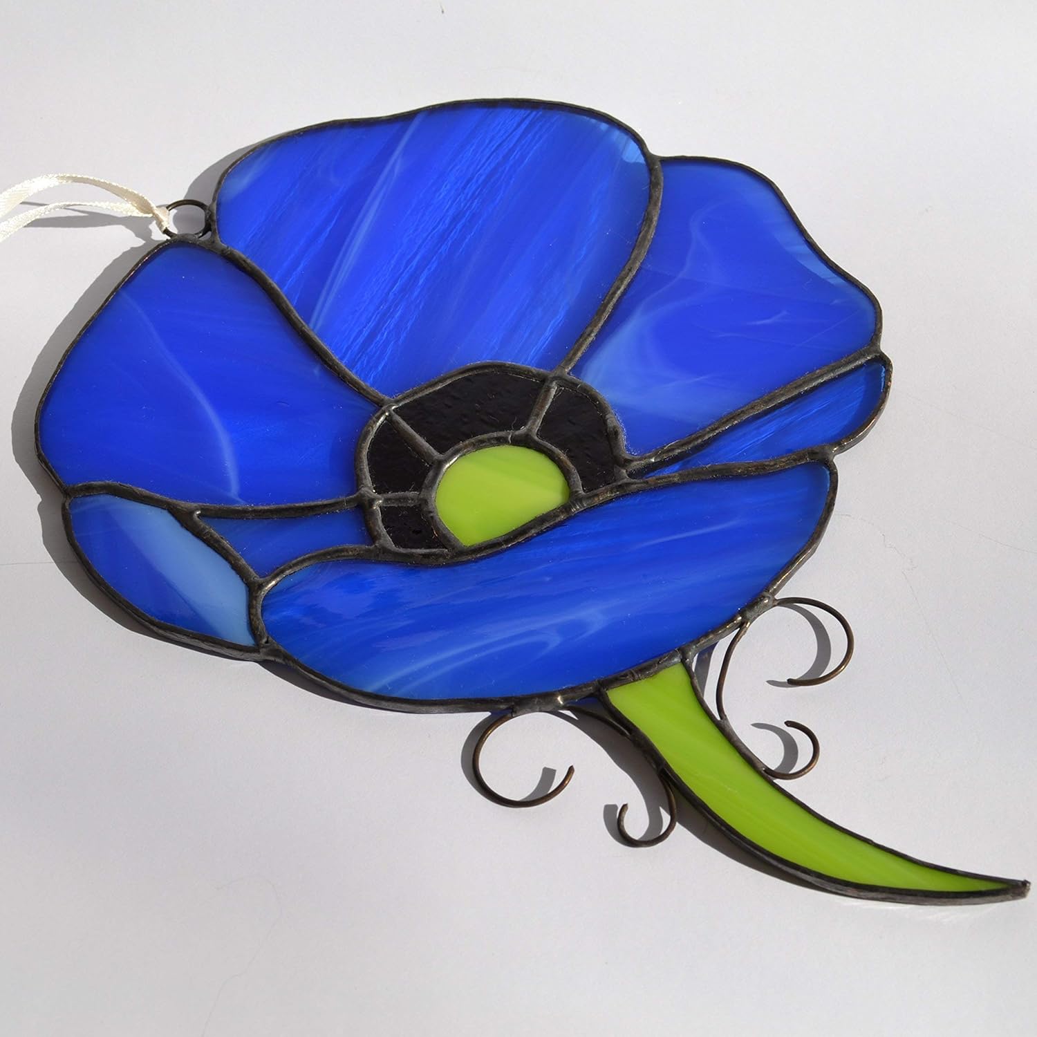 Blue Poppy Stained Glass Suncatcher for Window Hanging or Wall Decor, Beautiful Flower Decoration