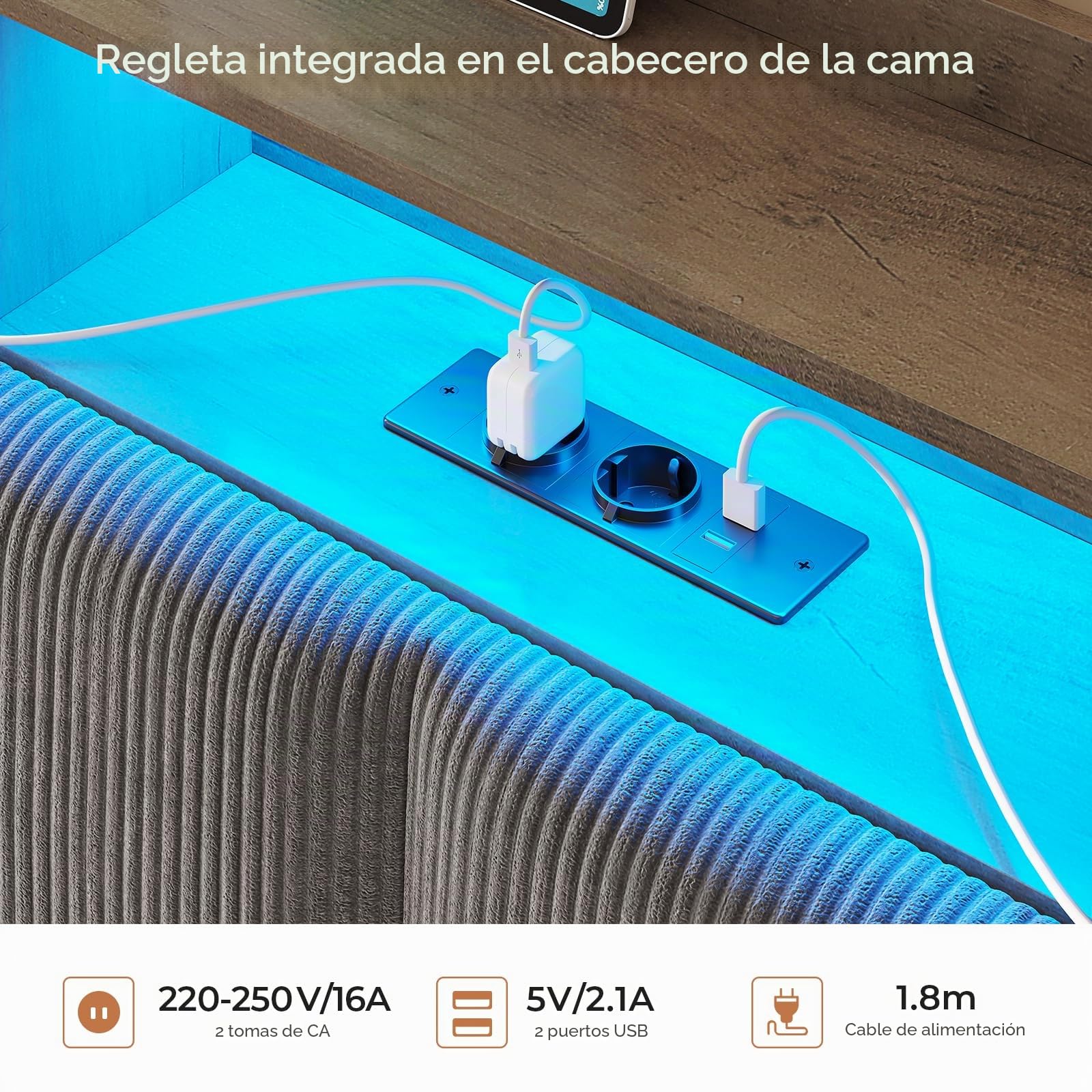 AOGLLATI Cama Matrimonial 140x190 con Almacenamiento Hidráulico | Cama Juvenil con Cabecero, Cama Canape con 270° LED y Carga Integrada, Somier Estructura de Cama Listones Madera, Pana Gris