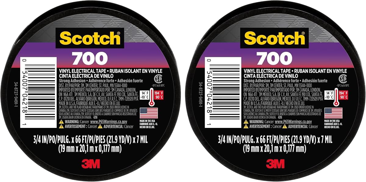 Scotch Vinyl 700 Electrical Tape, Black, 3/4-in x 66-ft, General Purpose, Commercial Grade, Rated for Temperatures Up to 194-Degree, Highly Flexible, Stretchy & Conformable (700), 1 Roll (Pack of 2)