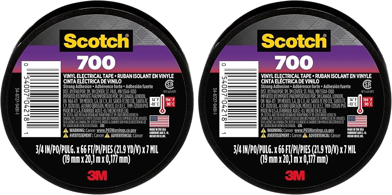 Scotch Vinyl 700 Electrical Tape, Black, 3/4-in x 66-ft, General Purpose, Commercial Grade, Rated for Temperatures Up to 194-Degree, Highly Flexible, Stretchy & Conformable (700), 1 Roll (Pack of 2)