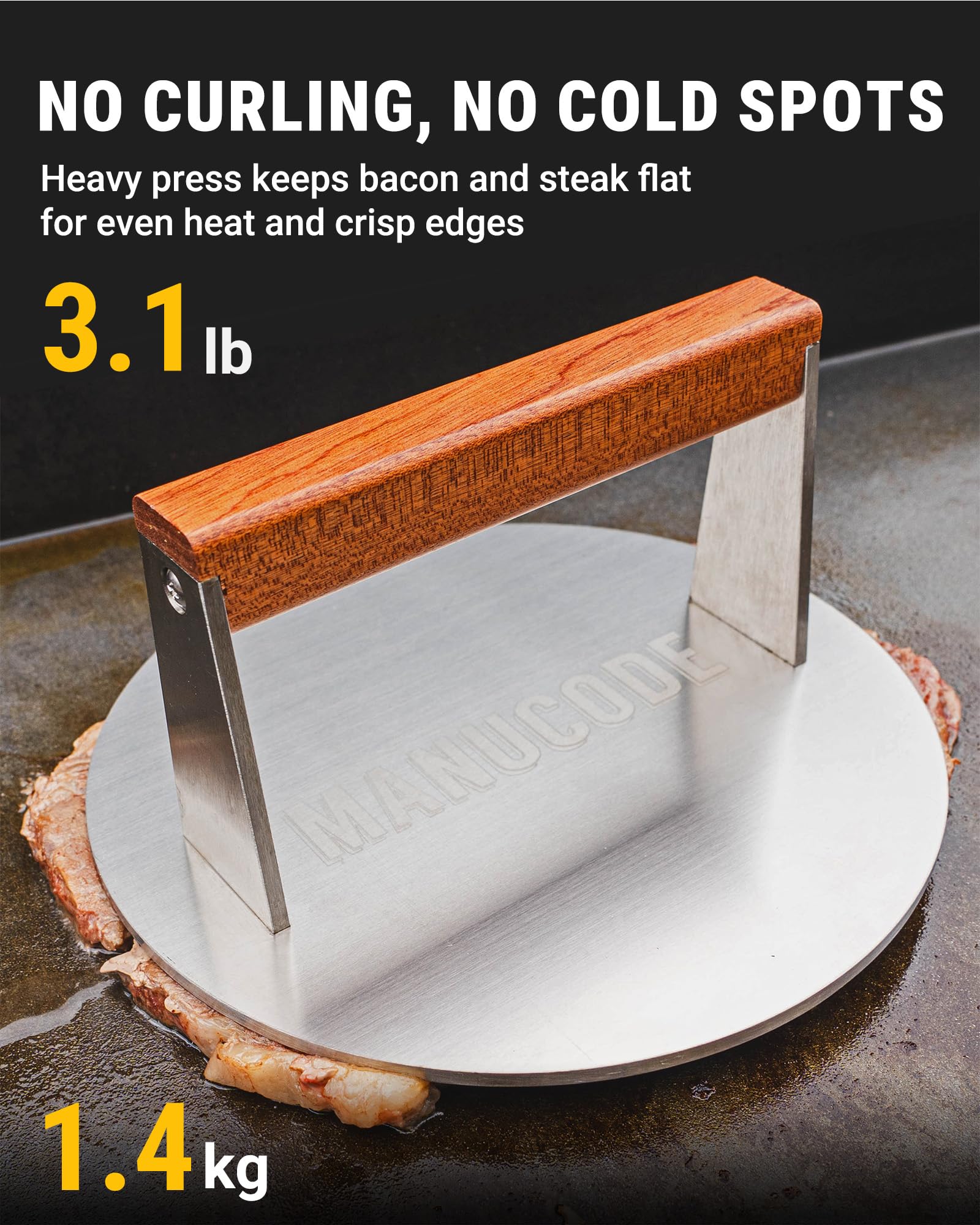 PRO-Grade Pressa per Grill in Acciaio Inossidabile da 20,5cm - Pressa per Hamburger da 1,42kg con Manico in Legno Non Rotante - Perfetto per Gli Appassionati di Grigliate