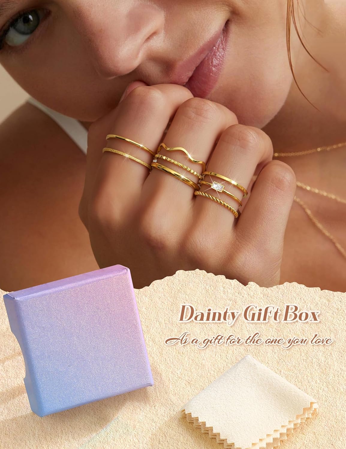 THUNARAZ 8Pcs Stackable Rings for Women Non Tarnish 14K Gold Plated Stainless Steel Dainty Rings Set Minimalist Thin Thumb Ring Cubic Zirconia Wave Statement Ring Bands for Women Size 5-10 - Image 6