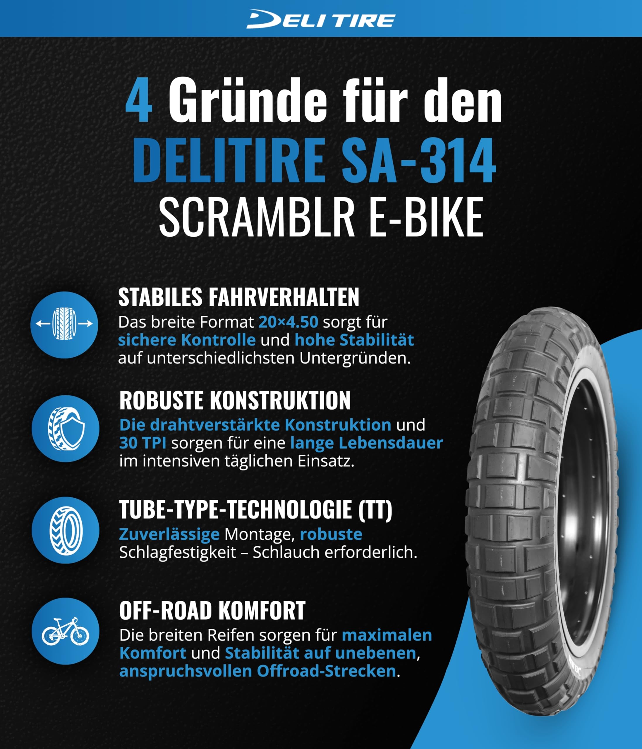 Deli Tire 20 Zoll Reifen für Elektrofahrräder SA-314 Scramblr E-Bike 20x4.50 TT für Vorder- und Hinterrad
