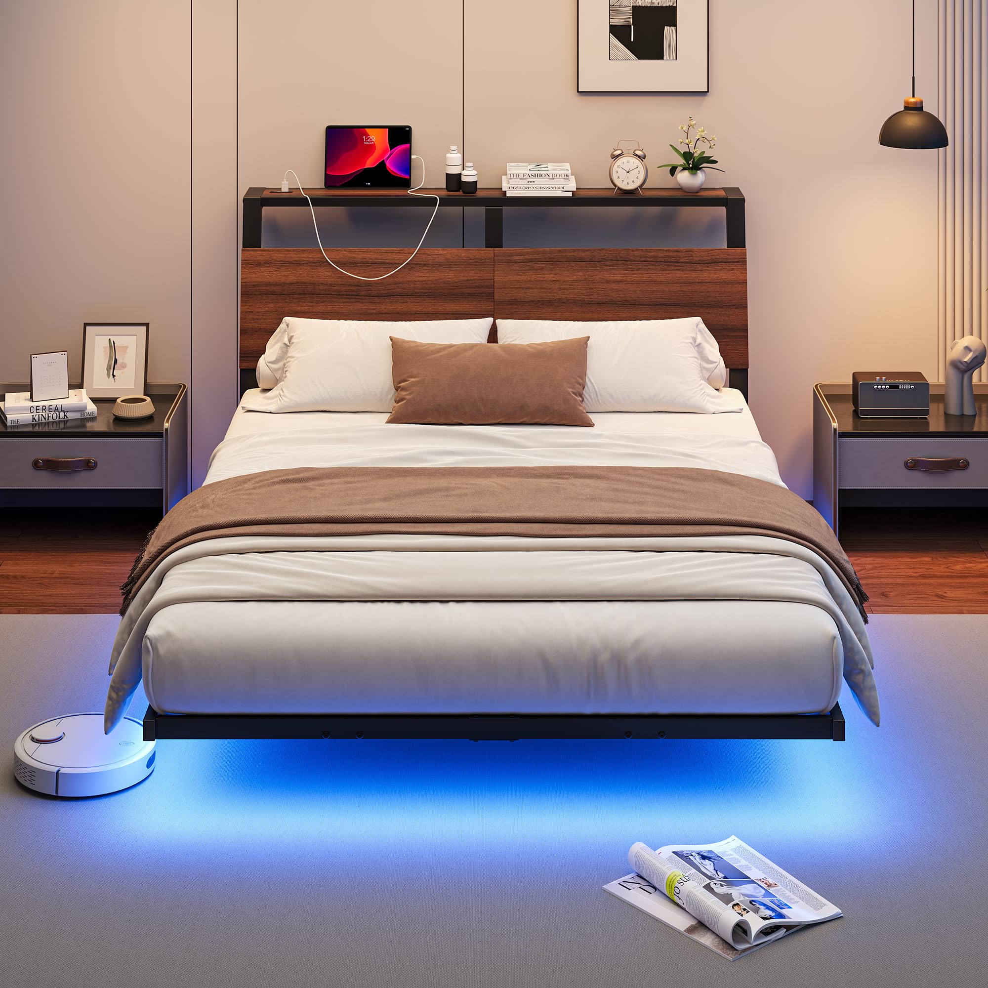 HOJINLINERO Struttura letto matrimoniale galleggiante, 135 x 190 cm, con luci LED e stazione di ricarica, struttura letto matrimoniale in metallo con testiera in legno, supporto a doghe in acciaio