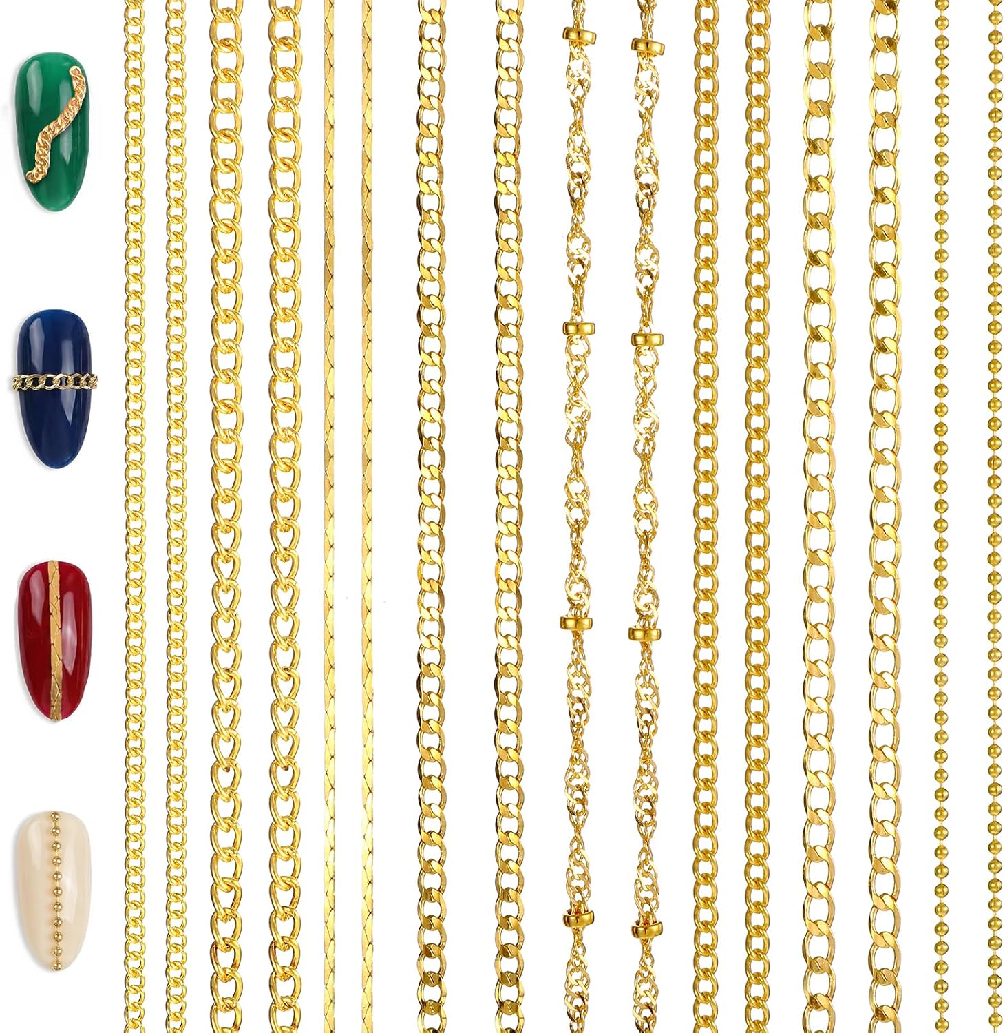 16 Strips Nail Chains for Nail Art 3D Bangle Nails Charms Metal Chain Charms Punk Studs Accessories for Nails Art Jewelry Accessories for Women Design Manicure Accessory