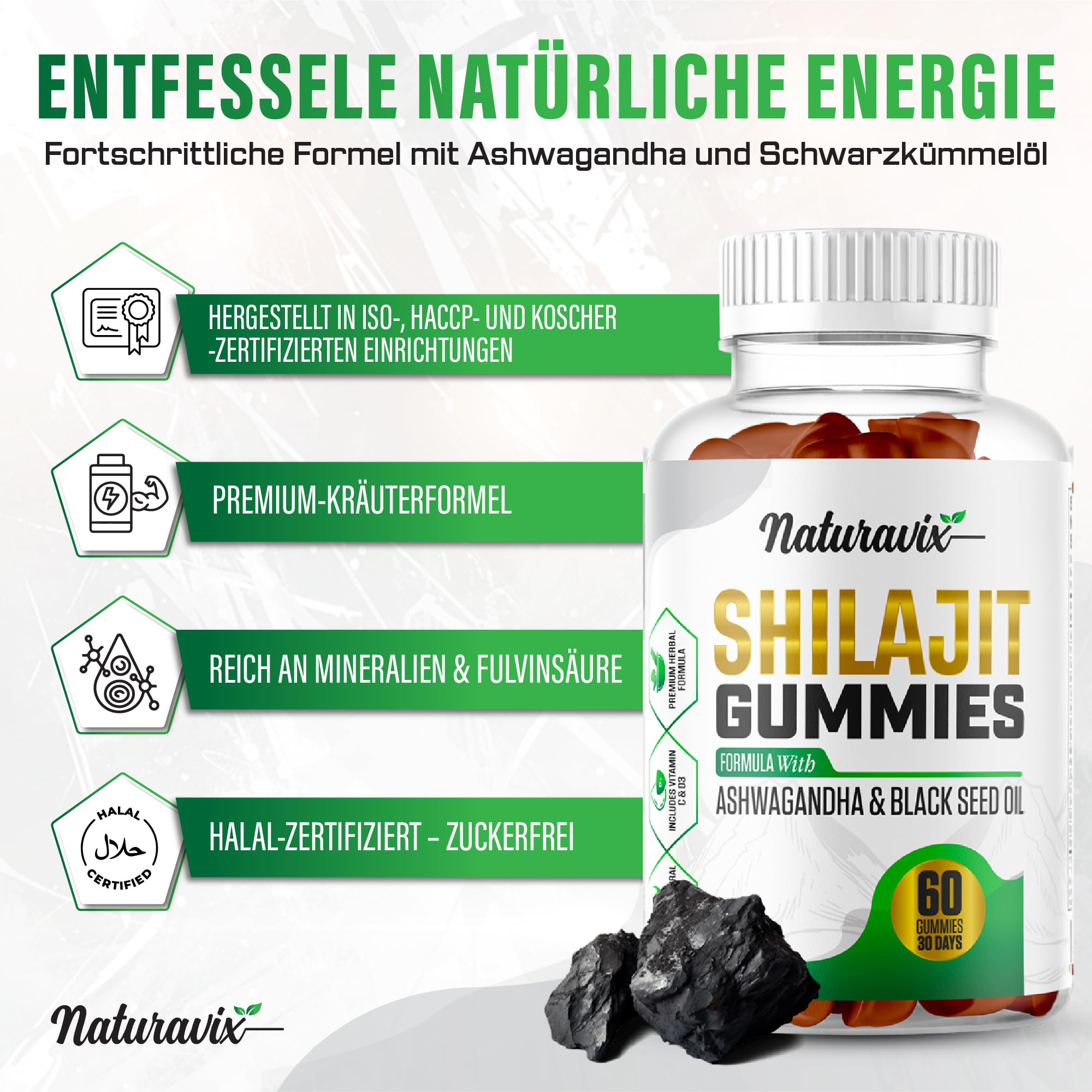 Shilajit Gummis mit Ashwagandha und Schwarzkümmelöl