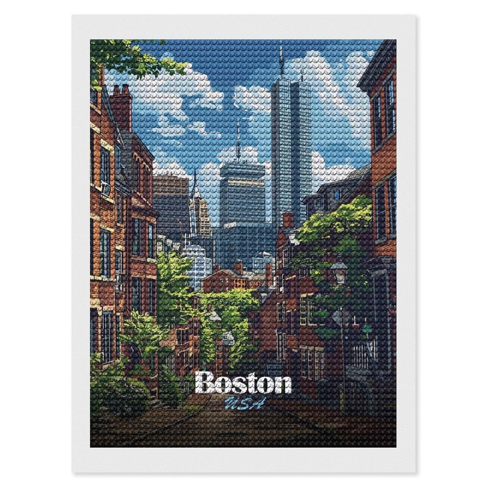 Junmoney Boston USA Cityscape Illustration Crystal Diamond Art Kit 12"x16", Round Gems, Detailed Printed Canvas, Creative Gift Idea, Vintage Style Decor