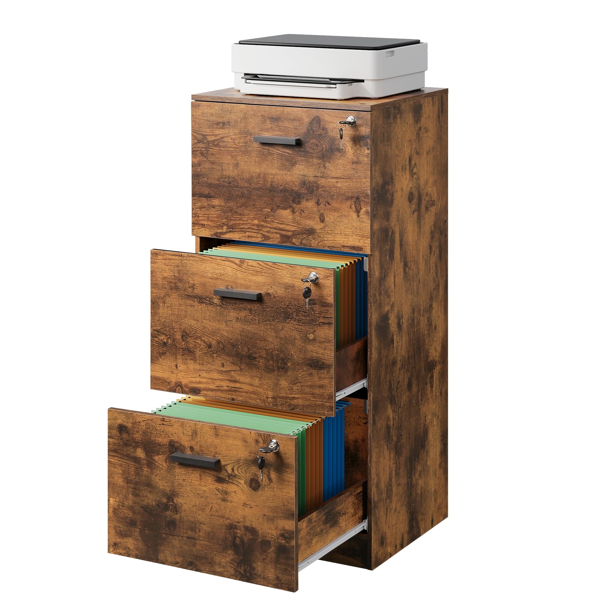 DEVAISE Rollcontainer abschließbar mit 3 Schubladen und offenen Fächern, Schreibtisch Schrank für Büro, Home Office, Rollcontainer Braun für DIN A4/Legal/Letter