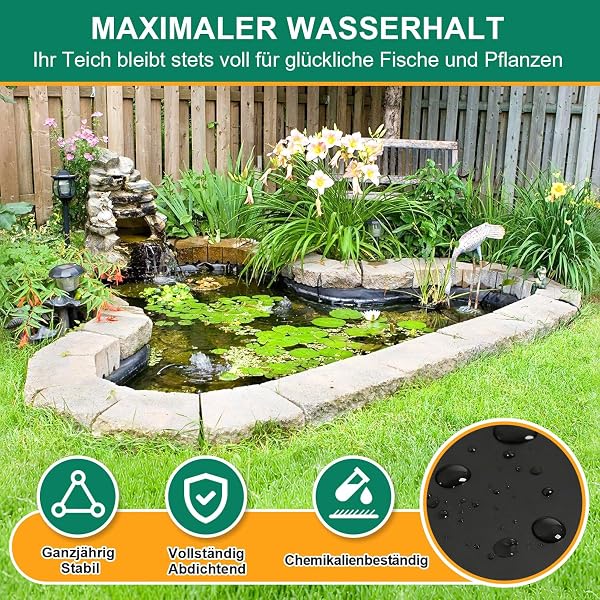 Bâche pour bassin - 2 x 2 m - En PEHD - Résistant aux UV - Imperméable - Pour bassin à poissons, étang, fontaine, jardin d'eau et cascade - Noir - 3