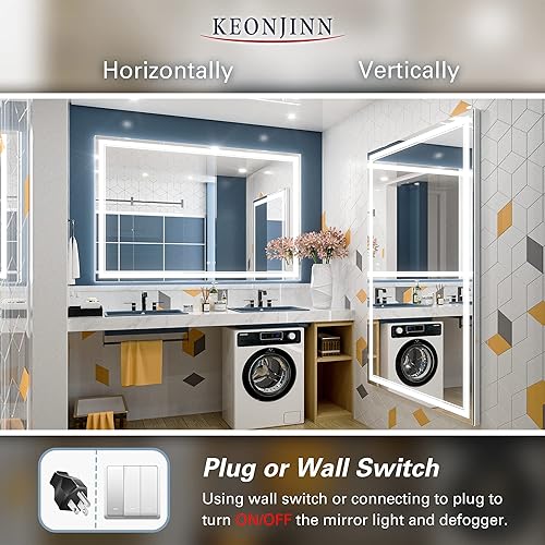 Miniatura 5 de Keonjinn Espejo de baño LED de 60 x 40 pulgadas con luces, 3 temperaturas de color, iluminación frontal, espejo de tocador montado en la pared,