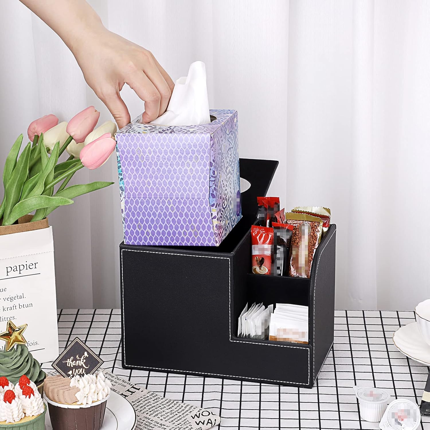 Sumnacon Square Leather Tissue Box Cover - Decorative Cube Tissue Box Holder with Side Organizer, Modern Tissue Box for Living Room Vanity Night Stand Table Countertop Office, Black