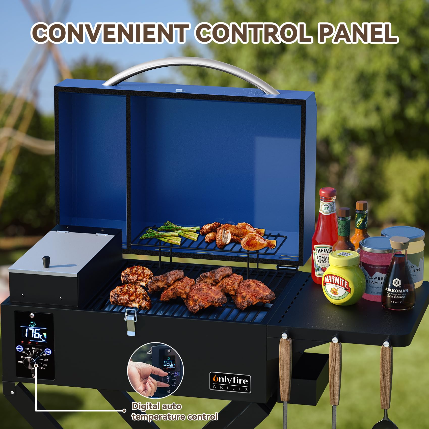 onlyfire Grill na pellet Smoker ze stolikiem pomocniczym i składanym wózkiem, wielofunkcyjny grill na pellet, wędzarnia z automatyczną regulacją temperatury i sondą do mięsa, grill na węgiel drzewny,