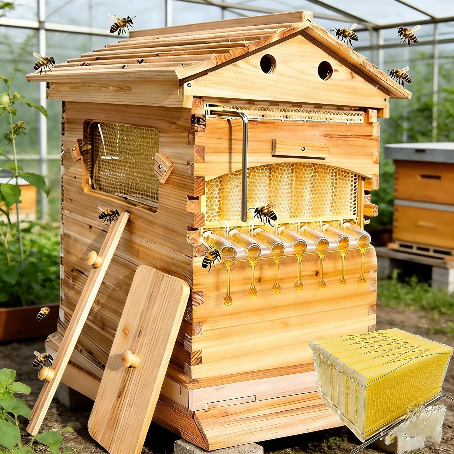 Kit de Inicio de Colmena de Abejas Caja de Abeja Completa con Ventana observación y Boquilla Miel Carpintero para polinizadores jardín para Principiantes,0.1,51×41×26cm