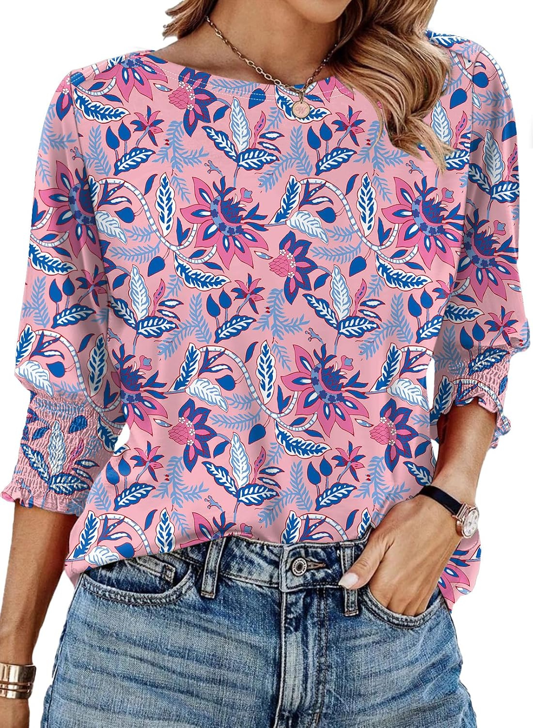 IECCP 3/4 Length Sleeve Womens Tops Summer 2026 Fashion Trendy Boat Crew Neck Smocked Work Dressy Casual T Shirt Blouses