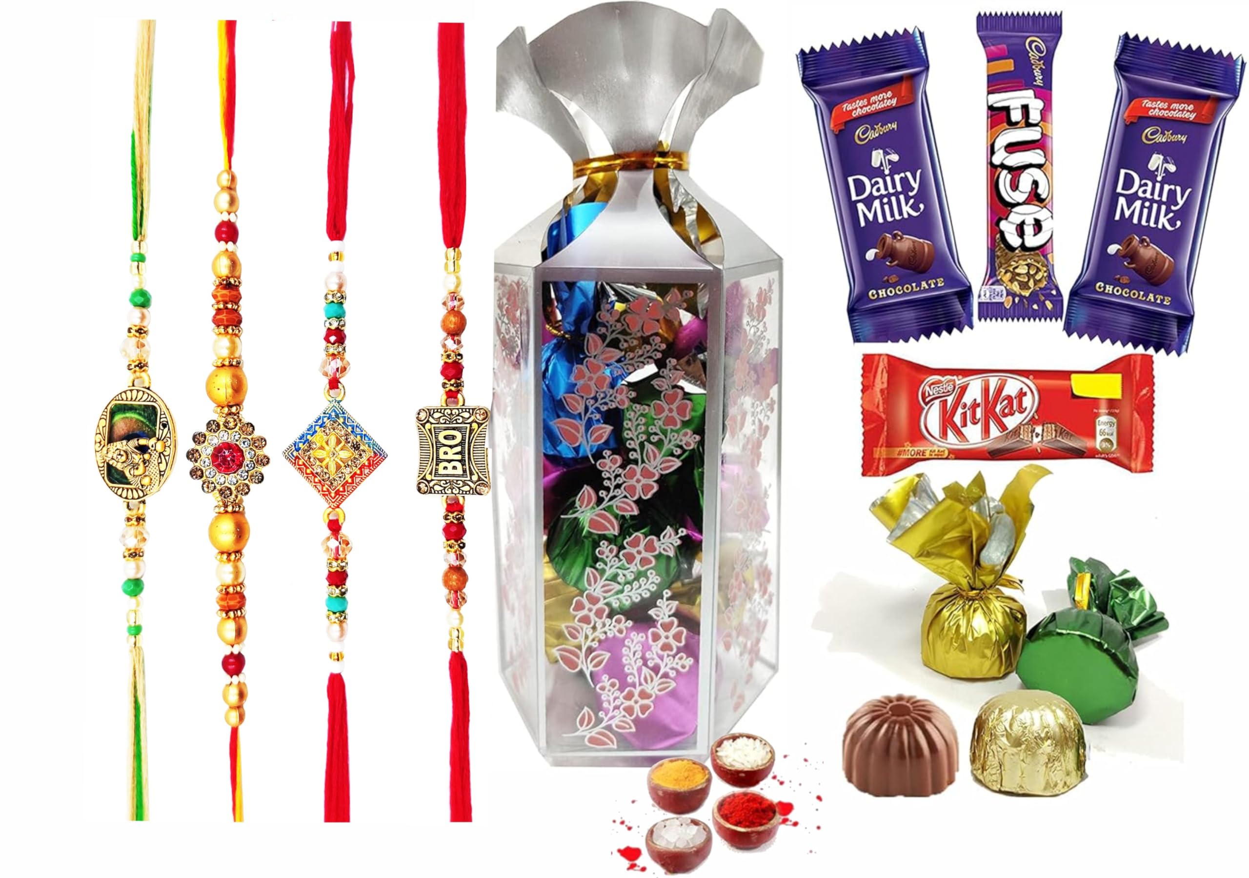 Fabbites Rakhi Chocolate Hamper For Brother/Bhai/Kids/Little/Elder Brother|Set Of 4 Rakhi, Tilak With 6 Pc Handmade Chocolate With Dairy Milk,Kitkat, Fuse Chocolate-Rakhi Combo Gift Pack,120 Grams (B0B3VHVJ93) Amazon Price History, Amazon Price Tracker