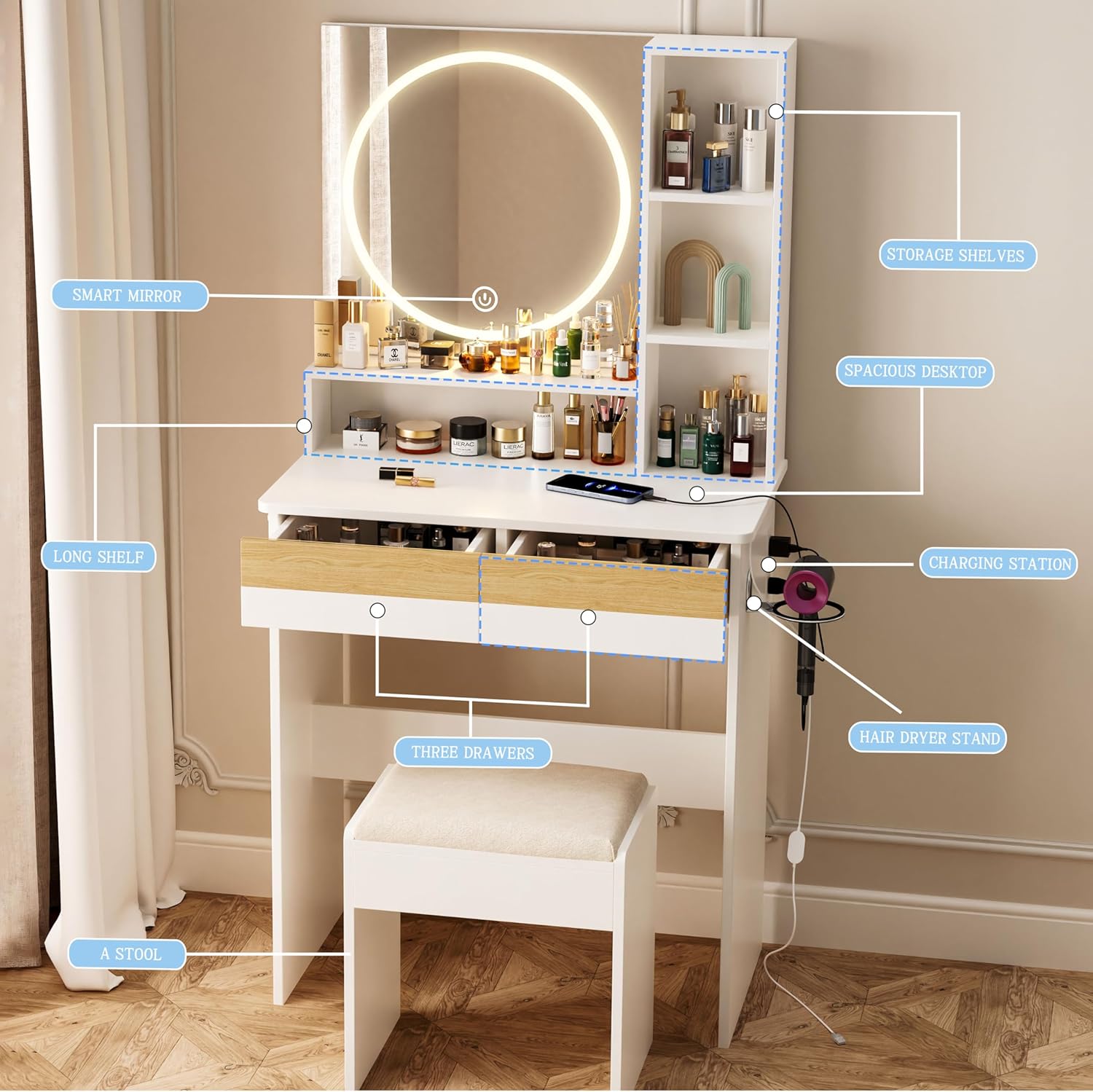 Vanity Desk with Mirror & Lights, 3 Color Adjustable Led, USB Charging Station and Chair, 2 Drawers, Makeup Vanity Desk with Lights for Women Bedroom