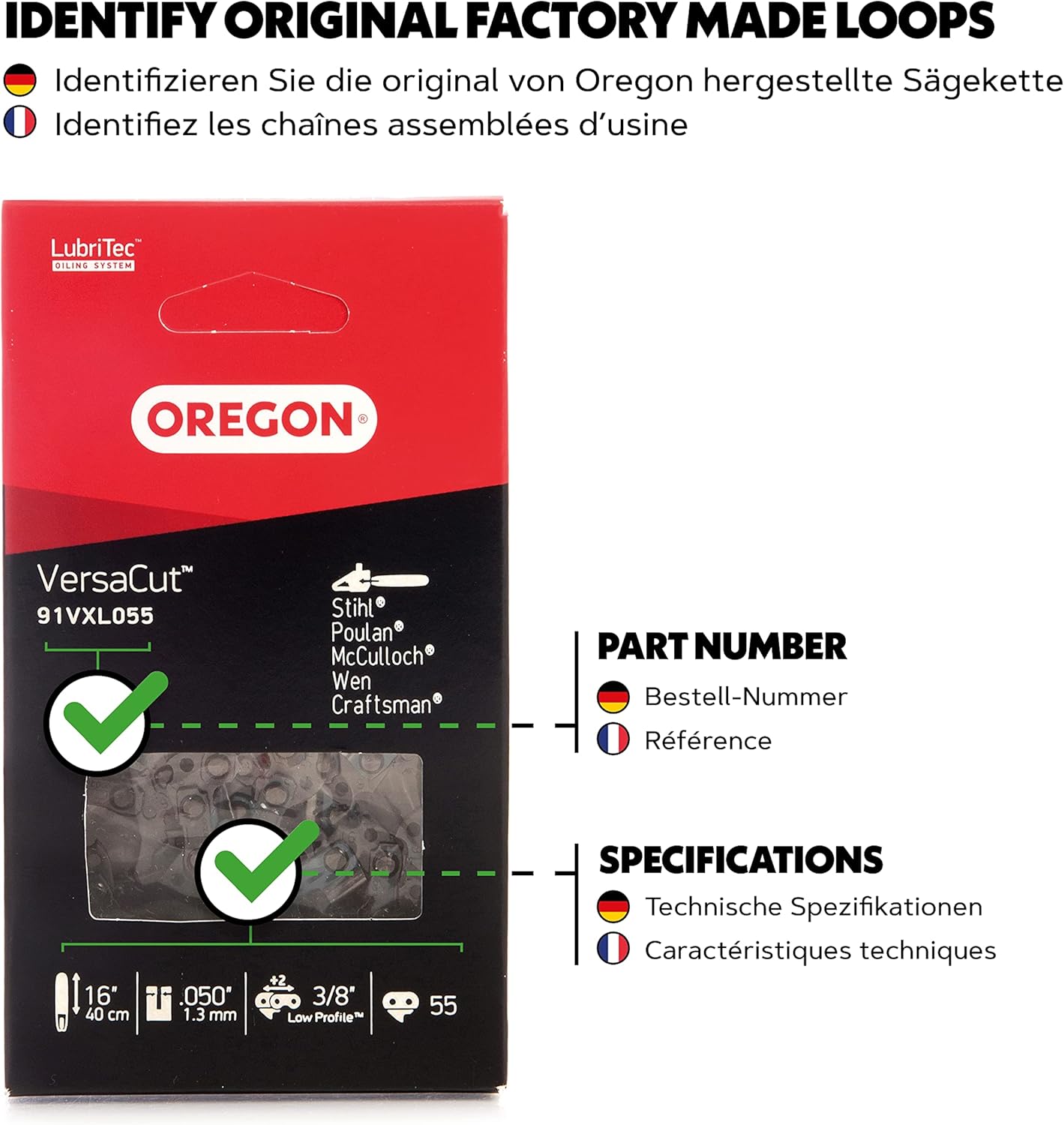Oregon 91VXL055E Chainsaw Chain 3/8 Inch 1.3 mm
