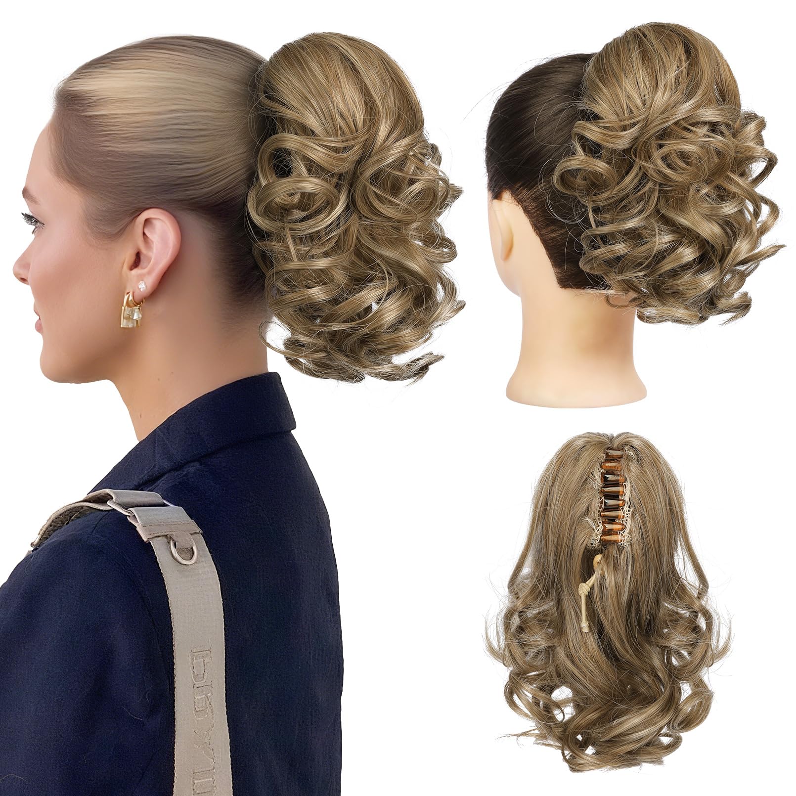 Photo 1 of REECHO Short Curly Ponytail Extension - Medium Blonde w/ Highlights