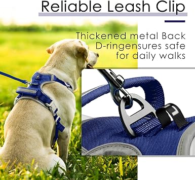 ThinkPet Çekme Koşum Takımı Nefes Alabilir Spor Koşum Takımı Kulp-Köpek Koşum Takımları Orta Büyük Köpekler için Yansıtıcı Ayarlanabilir, Kolay Kontrol için Arka/Ön Klips L Koyu Mavi