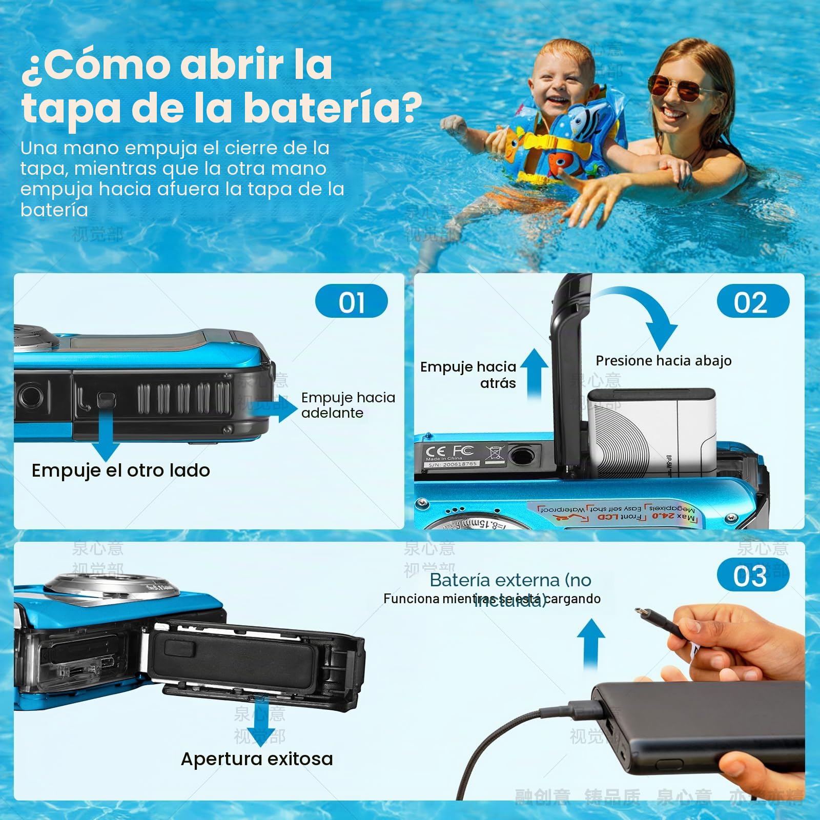 Cámara Digital Impermeable, Cámara Submarina HD 2.7K 48MP con Doble Pantalla para Buceo 3M para Nadar, Zoom Digital 16X Anti-Vibración, Azul