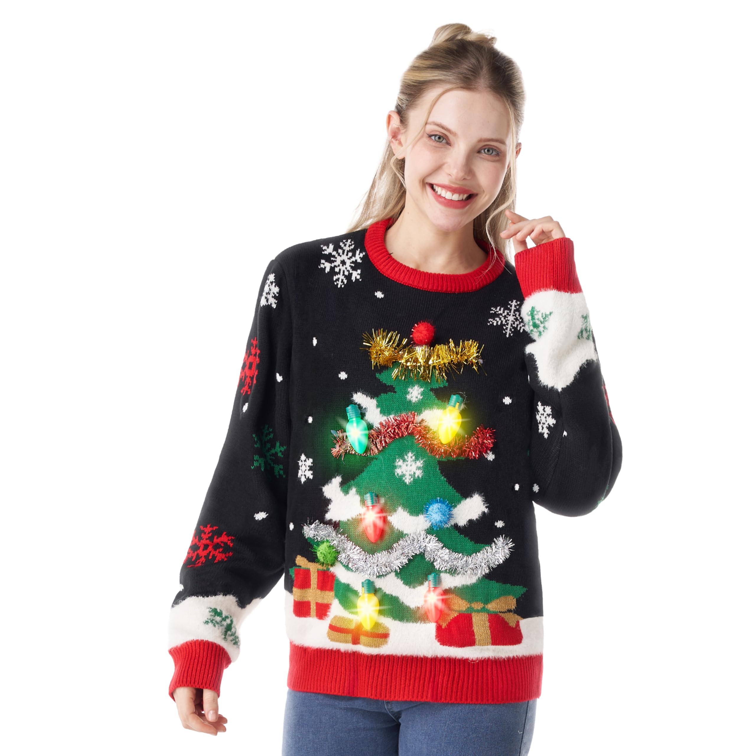 Giggling Getup Ugly Christmas Sweater for Women, LED Light Up Christmas Tree Pullover, Holiday Knitwear for Women-XL