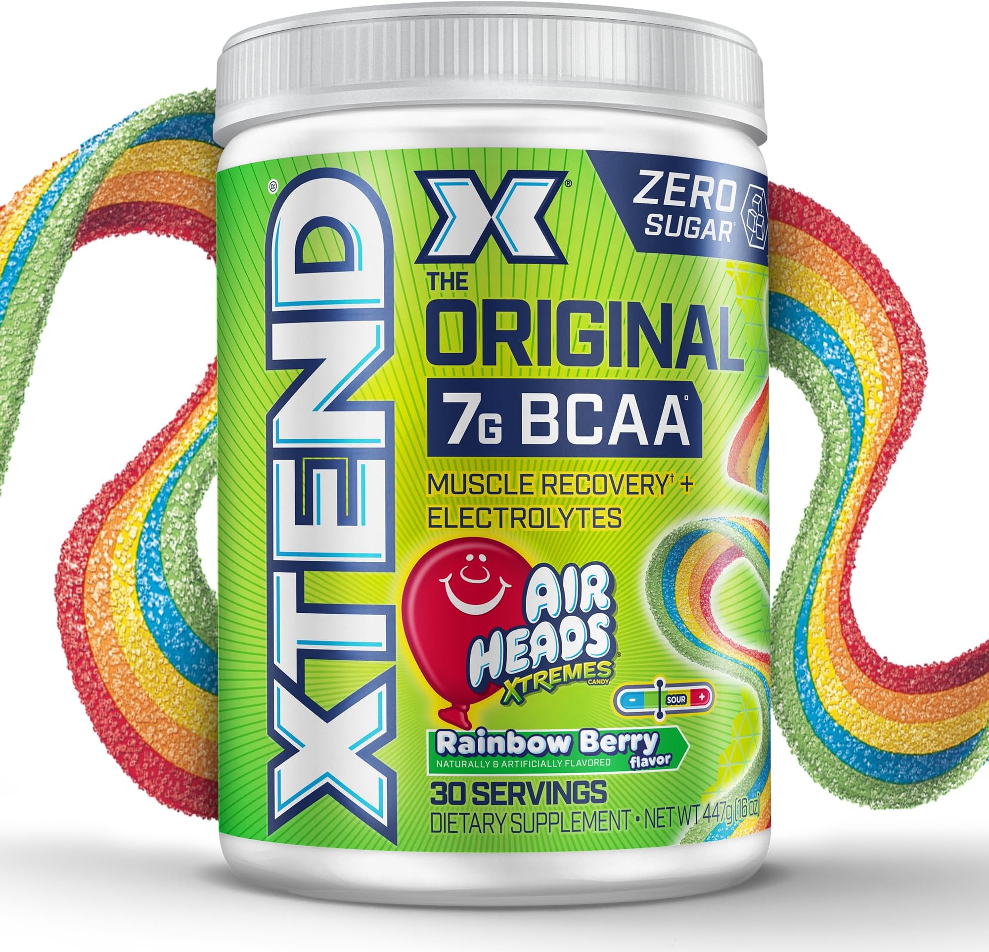 Original BCAA Powder, 7g BCAAs and 2.5g L-Glutamine for Muscle Recovery, Hydration, and Lean Muscle, Sugar Free Intra and Post Workout Drink, Airheads Xtreme Rainbow Berry, 30 Servings