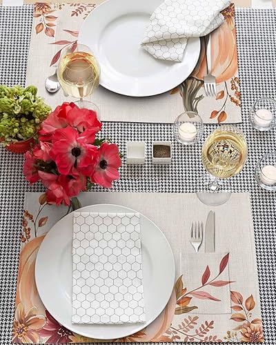 Miniatura 3 de Juego de 4 manteles individuales de mesa de calabaza rosa para mesa de comedor, tela de lino de algodón con bolsillo, arpillera cuadrada,