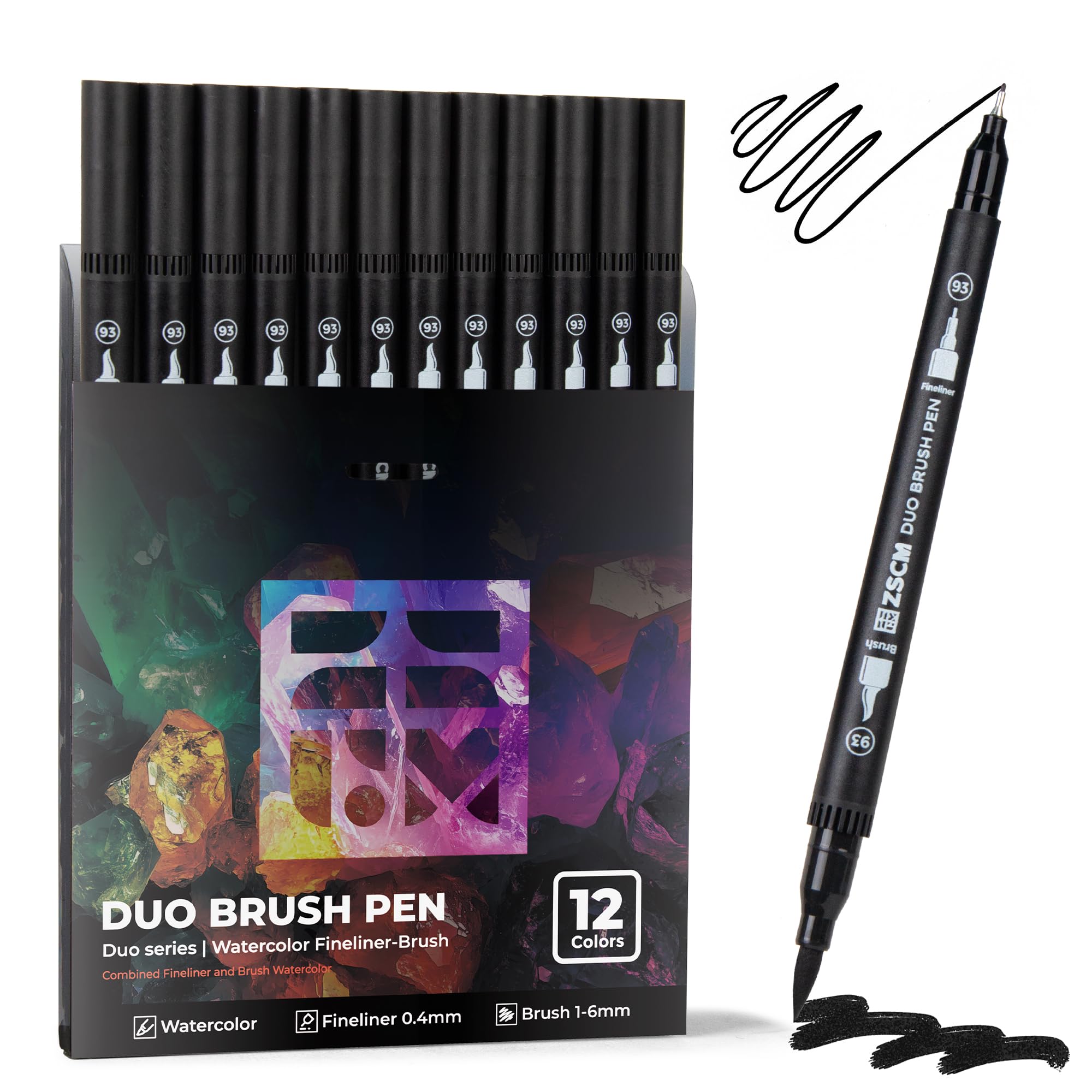 ZSCM Black Duo Tip Marker Pens, 12 Pack Fine & Brush Markers for Adult Colouring Books No Bleeding, Jet Black Markers for Outlining, Sketching, Japanese Manga, Calligraphy and Graphic Novels