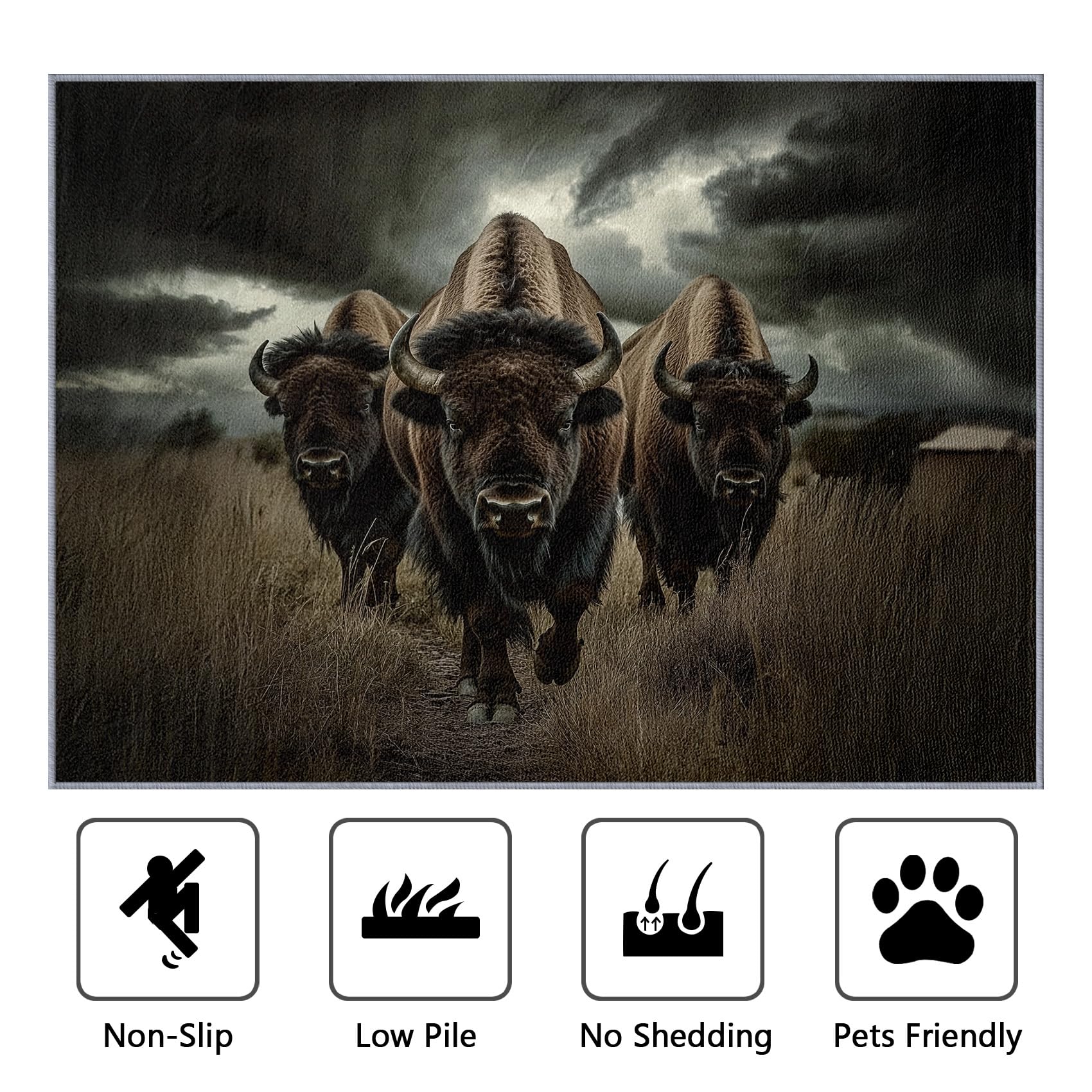 Bison Teppich Waschbar, Wildtiere Schwarz Teppich 80x150 cm, Natur Landschaft rutschfest Waschbar Pflegeleicht Teppiche Für Schlafzimmer Küche, Schwarz
