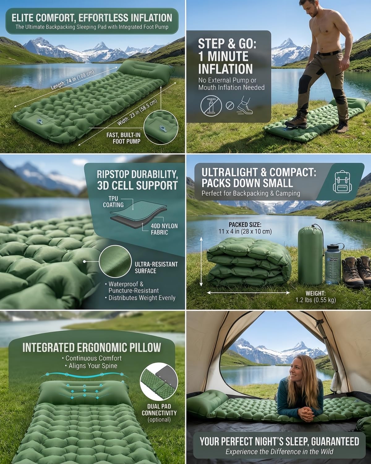 Lounge Mat - Your Portable Chill Zone, Wide Thick Self Inflating Sleeping Pad with Pillow Memory Foam Air Camping Mattress Built-In Foot Pump Waterproof Travel Bed Tent Outdoor Backpacking Gear