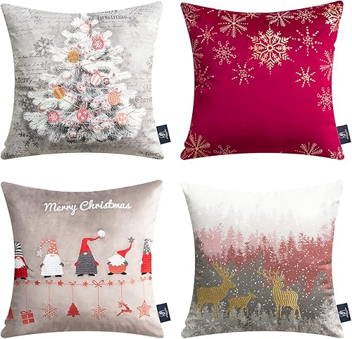 Phantoscope Paquete de 4 fundas de almohada decorativas de terciopelo bordado con copos de nieve, árboles, elfos, alces para sofá de Navidad, rojo,