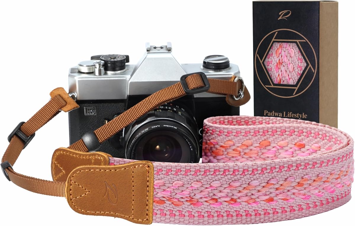 Correa para cámara Speed ​​Pink – Cuerda de algodón suave de 1,5 pulgadas con cabeza de piel de vaca Crazy Horse para fotógrafos y todas las cámaras, linda correa tejida vintage ajustable para adultos y niños