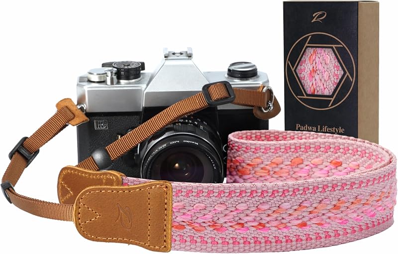 Correa para cámara Speed ​​Pink – Cuerda de algodón suave de 1,5 pulgadas con cabeza de piel de vaca Crazy Horse para fotógrafos y todas las cámaras, linda correa tejida vintage ajustable para adultos y niños