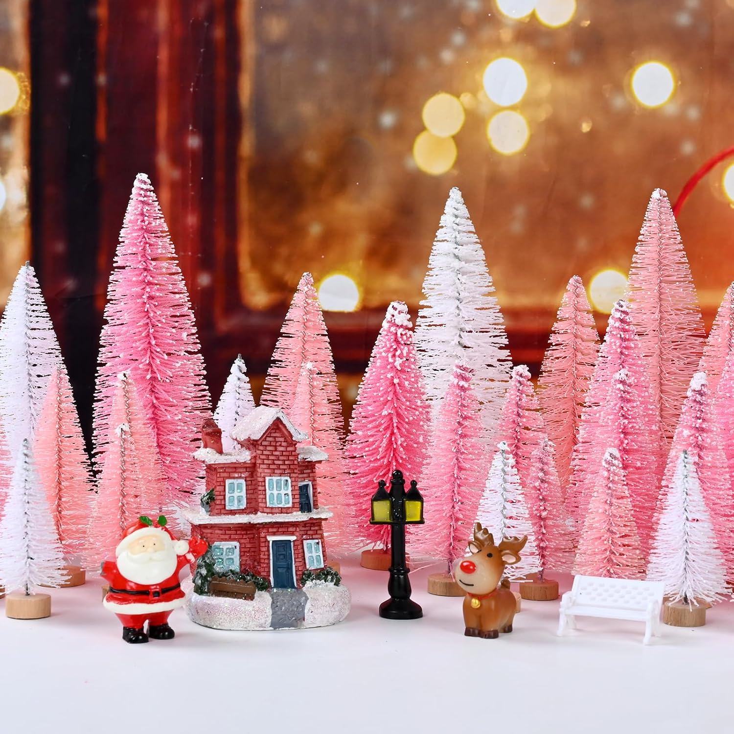 Waipfaru 30 Pcs Bottle Brush Christmas Trees, Mini Christmas Table Decor, Miniature Pine Trees for Xmas Tabletop Crafts Indoor Decor (Pink & White)