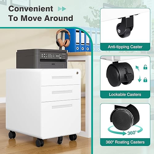 Miniatura 7 de Archivador rodante de 3 cajones con cerradura, cabe debajo del escritorio, para oficina en casa, ruedas, apto para archivos A4, carta y oficio,