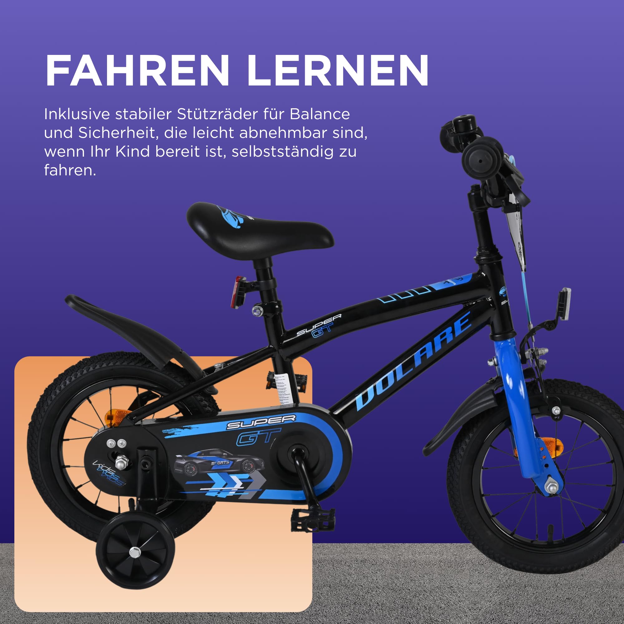 Volare Super GT Kinderfahrrad blau 14 Zoll | 3,5–5 Jahre | 2 Handbremsen, Stützräder, Kettenschutz, Reflektoren | Verstellbarer Sattel | Geschenk für Jungen & Mädchen