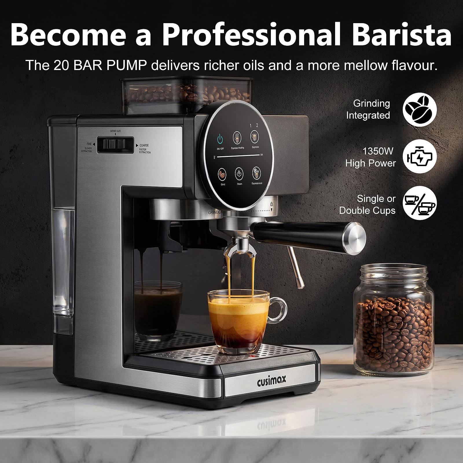 Espresso Machine with Grinder, 20 Bar Professional Expresso Coffee Machines with Milk Frother Steam Wand, Espresso Maker with 60oz Removable Water Tank, Cappuccino & Latte Machine for Home (Black) — view 2