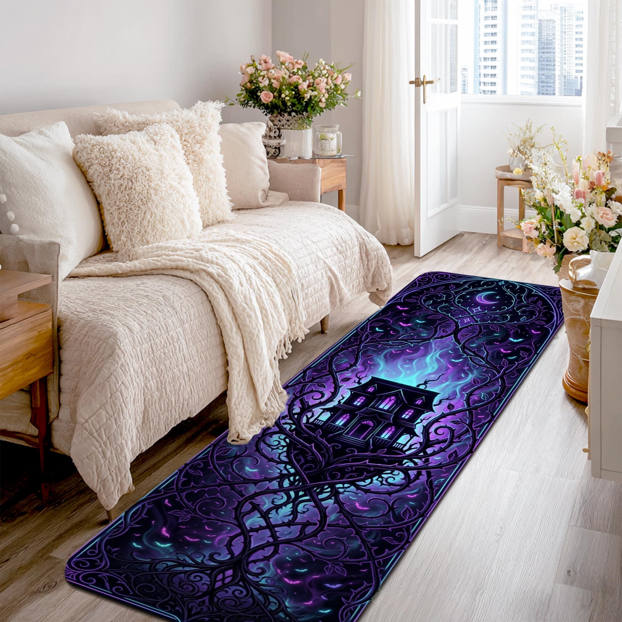 Alfombra de pasillo de casa encantada violeta con base antideslizante y tejido gótico lavable
