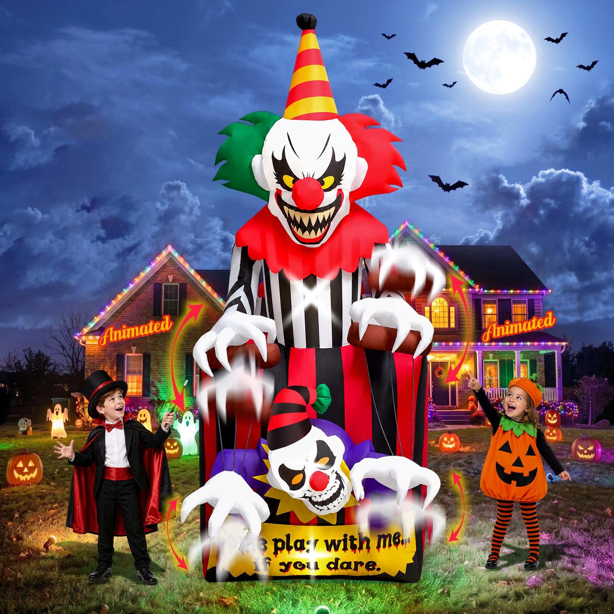 Kalolary Animowany klaun na Halloween, nadmuchiwany klaun cyrkowy w pudełku, nadmuchiwana dekoracja outdoorowa